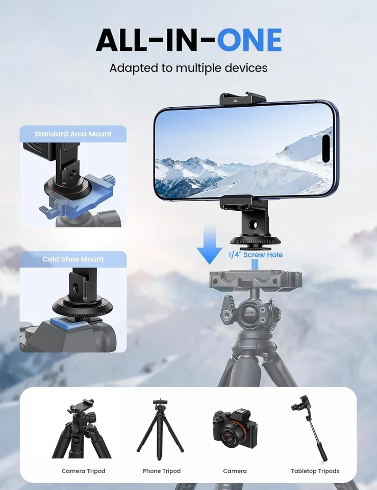 Lamicall Aluminium Phone Tripod Mount – 3-in-1 Base, 3 Cold Shoes, 360° - Image 3 of 4