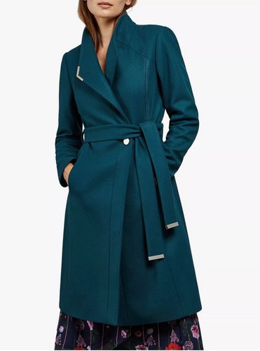 Ted Baker Ellgenc Wool Cashmere Wrap Coat Teal Blue Size 2 UK 10 Worn Once - Picture 1 of 22
