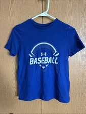 Under Armour Boys Shirt Small Blue Navy White HeatGear Baseball Youth Kids NEW