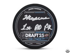 AUTOGRAPHED UDA LE50 JAMES HAGENS BOSTON BRUINS 1ST ROUND PK NHL DRAFT 25 PUCK