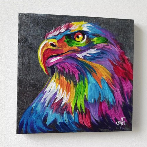 Original Colorful Eagle Painting Acrylic Canvas Bird Portrait Vibrant Wall Art - Picture 7 of 24