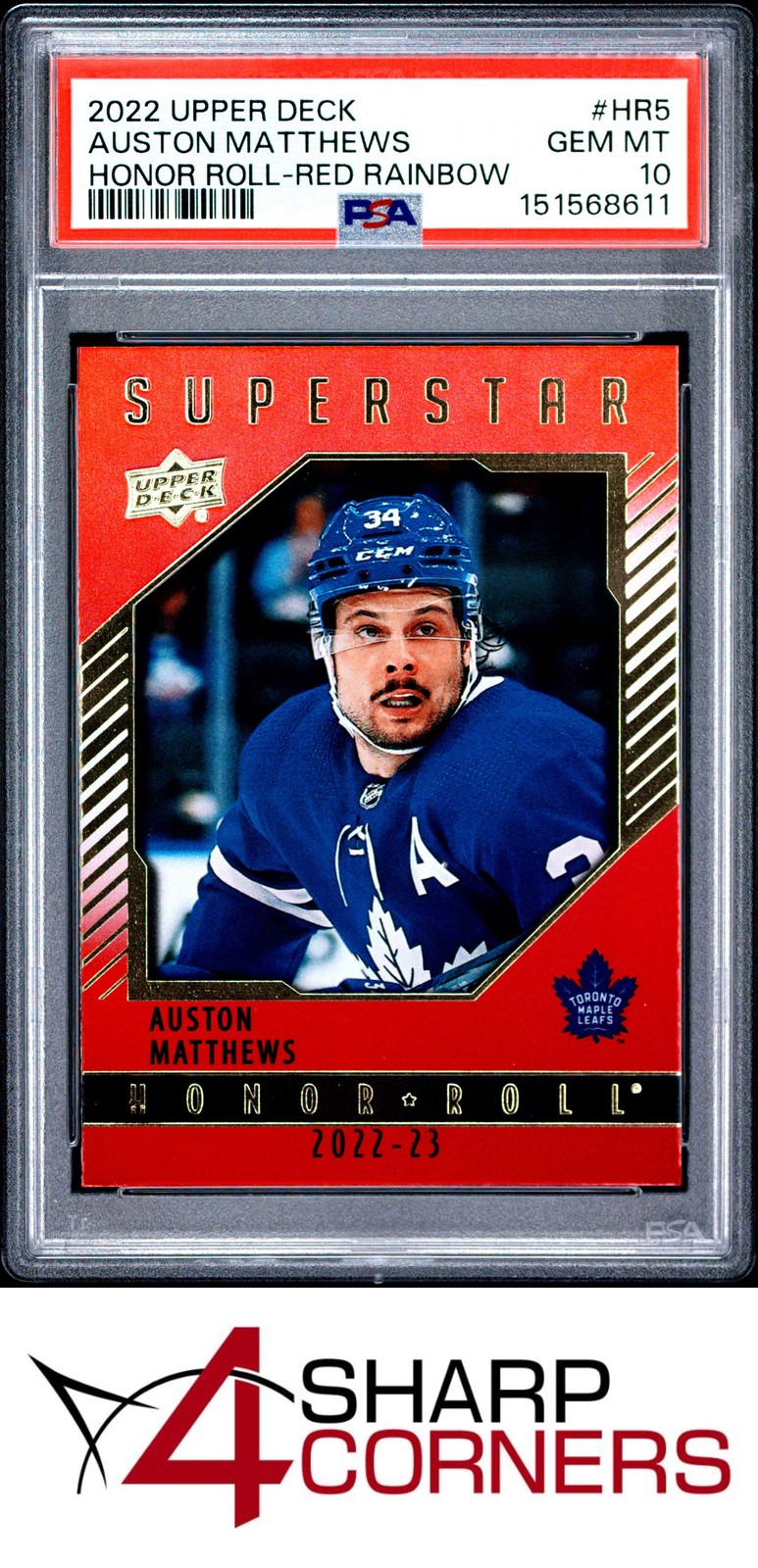 2022 UPPER DECK HONOR ROLL RED RAINBOW #HR5 AUSTON MATTHEWS POP 1 PSA 10