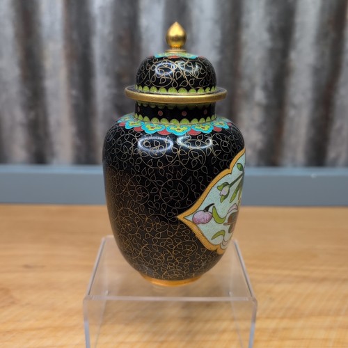 Cloisonne Ginger Jar w/ Lid & Wooden Stand Vase Urn Container Floral 6.5" - Picture 5 of 22