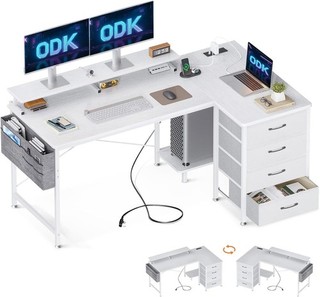 L Shaped Desk White 140x80cm with Drawers USB Charging Port and Power Outlet