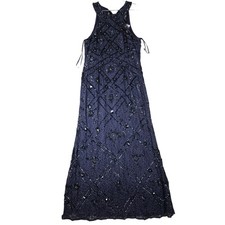 ADRIANNA PAPELL BEADED HALTER GOWN Classy Embellished flare LIGHTNAVY Size 14