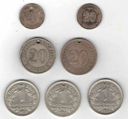 Konvolut Kaiserreich 4 St. 20 Pfennig J 5 u. J 6, 3 x 1 Reichsmark J 354, def.