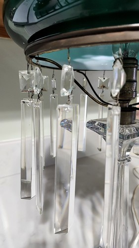 Antique Clear Glass Table Lamp Emeralite Green Swirl Shade - Picture 11 of 17