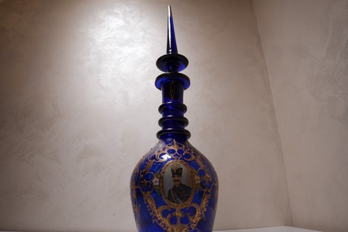 Antique Persian Cobalt Blue Glass Decanter Hand-Painted Royal Portrait & Gilded - Picture 6 of 10