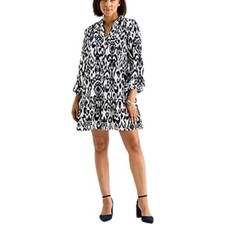 Tahari Dress Womens Medium Long Sleeve Abstract Shift Dress Button Down Navy