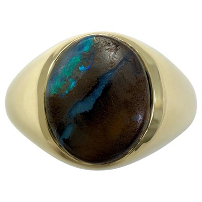 Natürlicher ovaler Siegelring 2,45 kt australischer schwarzer Boulderopal 9 kt Gelbgold
