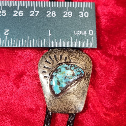 Sterling Silver w/ Turquoise Bolo Tie Necktie w/ Black Leather Cord - Picture 9 of 10