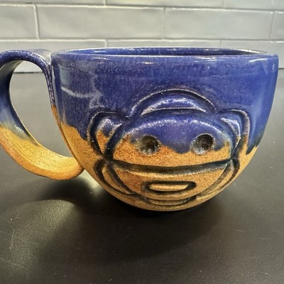 Puerto Rico Ceramic Coffee Tea Mug P & L Art Pottery Sun Face Frog Blue