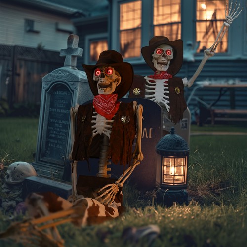 Yescom 2Pcs Life Size Cowboy Skeleton with Gowing Eyes 5.4Ft for Halloween Décor