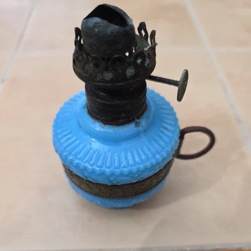 VINTAGE Blue Milk Glass Miniature Finger Oil Kerosene Lamp with Metal lantern
