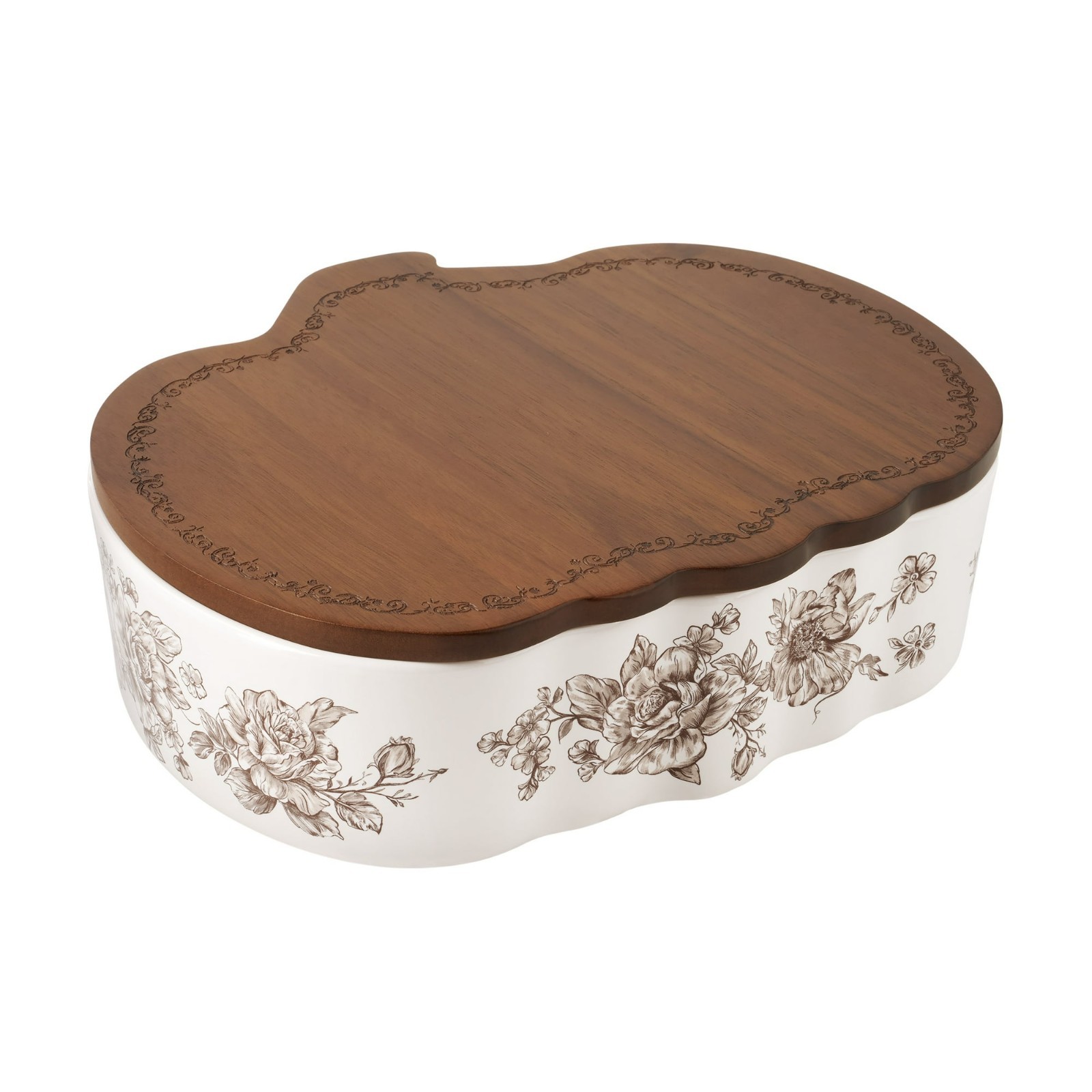 Pioneer Woman Pumpkin Baker Agatha Brown Floral Stoneware & Acacia Wood Lid 3qt