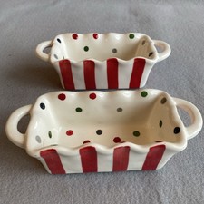 Mud Pie Mini Loaf Pans (2) Ceramic Christmas Holiday Decor Polka Dots Stripes