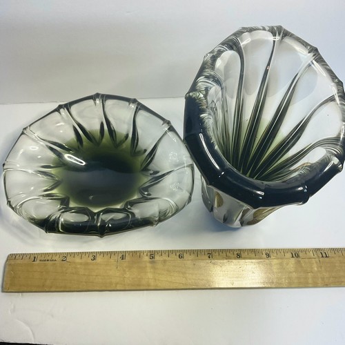 Vintage Art Glass Vase & Dish Optic Swirl Czech? Japan? 2 Pc Set - Picture 3 of 15