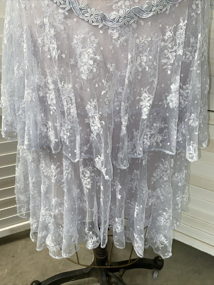 70s 80s Sheer Lace Dress Formal Over Pink Slip High Neck Light Blue Sz Small - Image 3 of 4