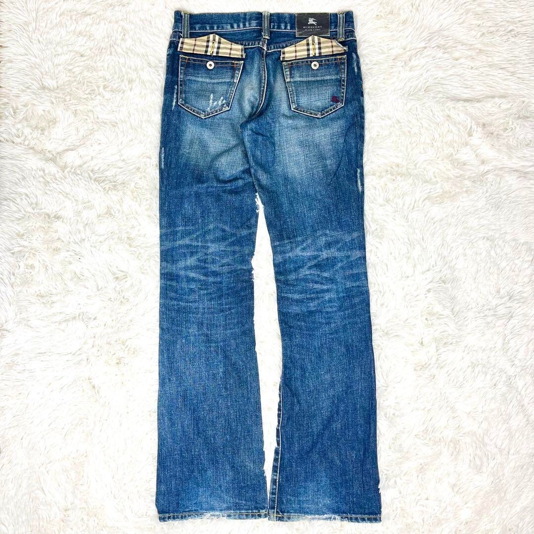 Burberry Black Label Flare Damage Denim Pants Jeans Nova Check Men Size 76 Used