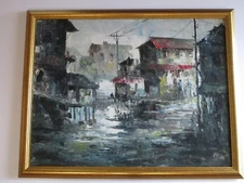 LARGE VINTAGE IMPRESSIONISM PAINTING STREET SCENE SIGNED MYSTERY ARTIST 1960'S