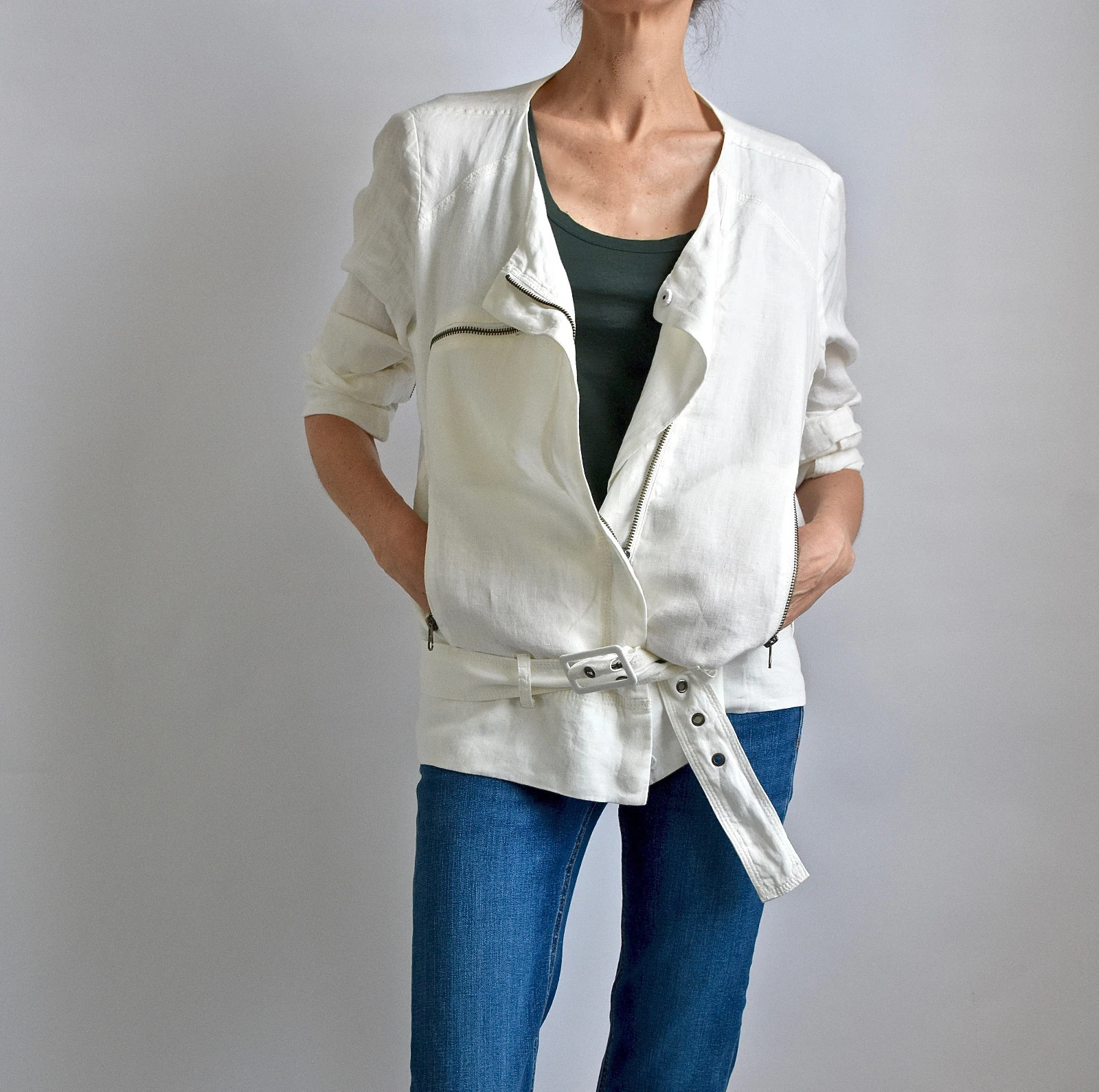 OFF WHITE Autentica giacca di lino JOIE Off White versatile con cerniere e cintura taglia small