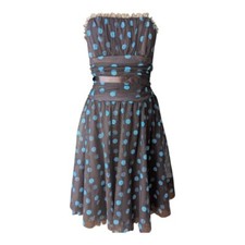 Brown & Teal Polka Dot Layered Tulle Dress Size 12 Strapless Retro Pinup HOCO