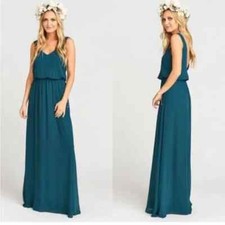 Show Me Your Mumu Kendall Maxi Dress V Neck Slit Blouson Deep Jade Chiffon M