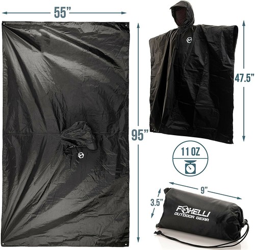 Foxelli Hooded Rain Poncho Reusable & Durable Raincoat for Adults Unisex. H10 - Picture 8 of 9