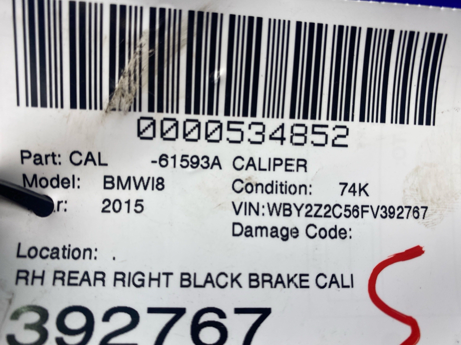 2014 2015 2016 2017 2018 2019 BMW I8 OEM REAR RIGHT BLACK BRAKE CALIPER