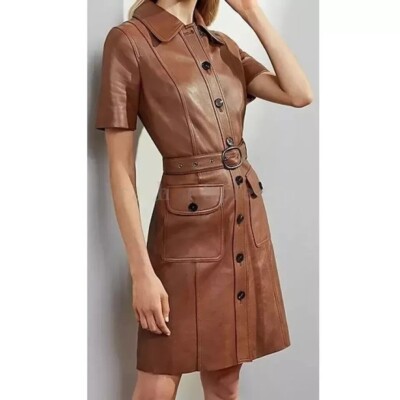 princess polly baby blue dress Dark Brown Oversized Women Genuine Lambskin Leather Dress Handmade Casual  Formal