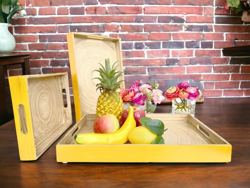 Handmade Lacquer Bamboo Rectangular Tray Serving Decorative Tray Hi Gloss yellow - Picture 14 of 37