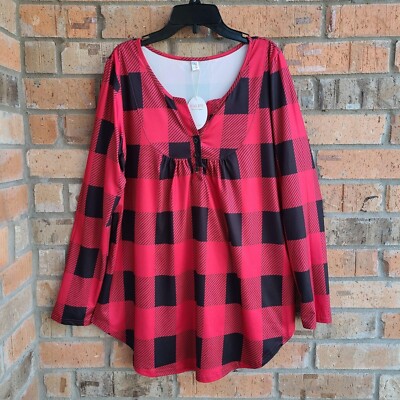 Halife Womens Size L Top Blouse Tunic Long Sleeves Black Red Plaid NEW