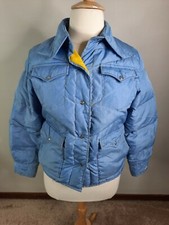 Vintage 70s Large Blue Ski Jacket Goose Down Winter Coat Quilted Puffer