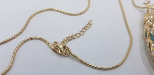 Vintage Gold Tone Snake Chain W/ Egg Shaped Rhinestone Laced Pendant W/ Stones - Picture 7 of 11