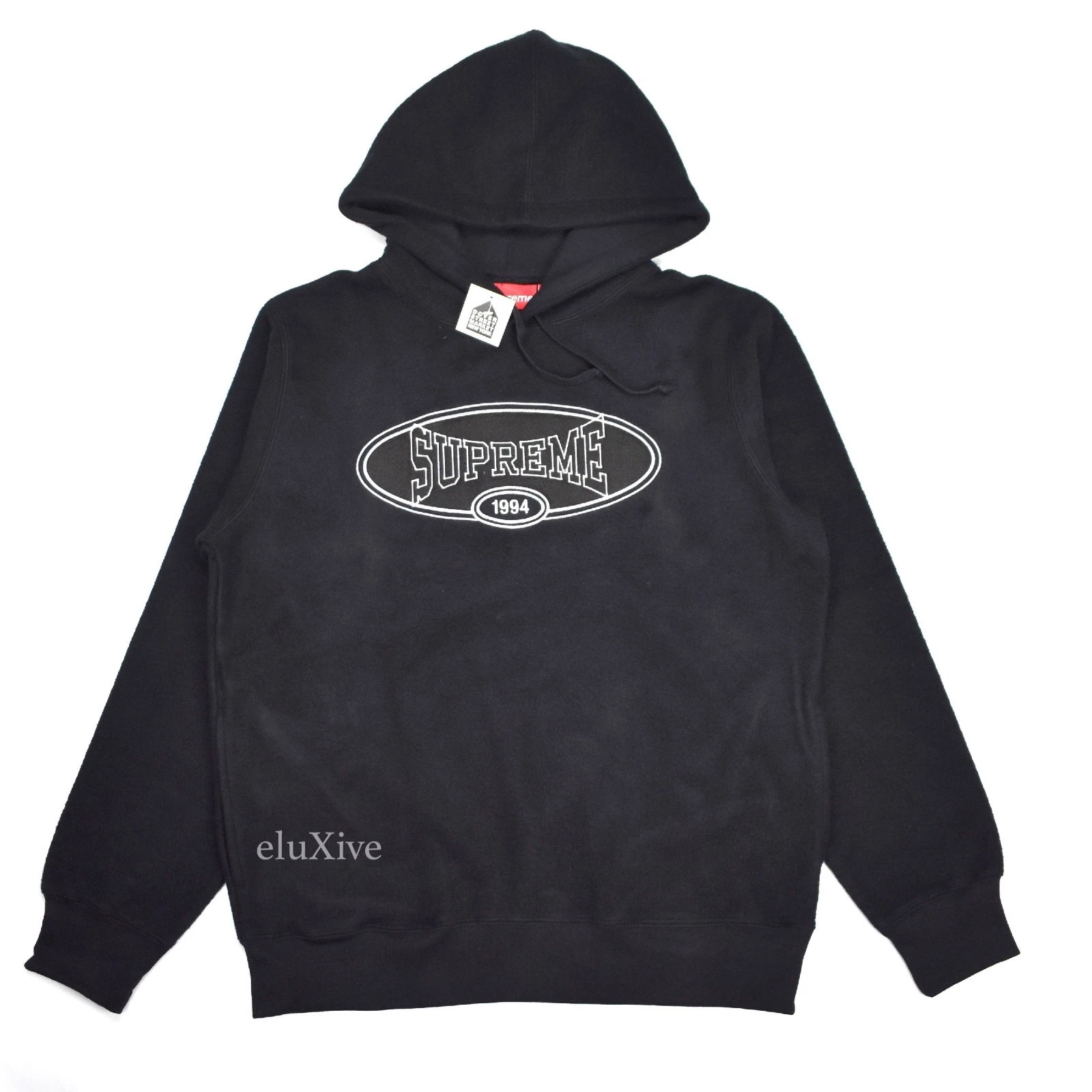 Neuf avec étiquettes sweat à capuche brodé pour homme noir en polaire inversée logo SS18 M AUTHENTIQUE