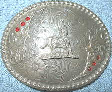 SOLID METAL 4" OVAL ETCHED BELT BUCKLE WITH HORSE  RED RHINESTONES - NICE