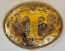 INITIAL " T "  RODEO COWBOY LETTER SHINE GOLD SILVER WESTERN BELT BUCKLE