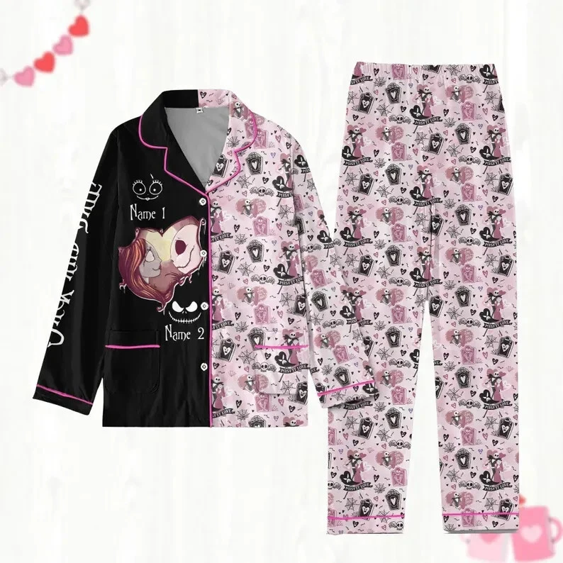 Custom Jack And Sally Pajamas Set, Disney Skelenton Womens Pajama Set