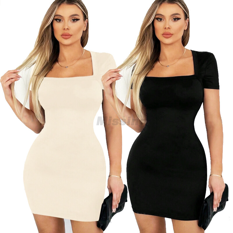 Women Square Neck Bodycon Body Shaper Tummy Conrtol Tight Dress Mini Party  Dress | eBay