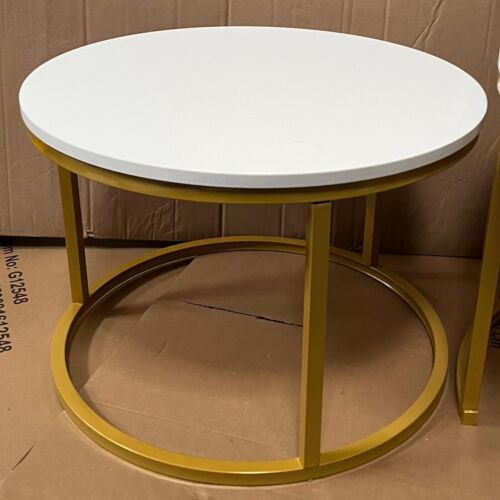 Moderner Satz Couchtisch 2er Set weiß rund Holz gold Metall Beistelltische - Bild 8 von 14