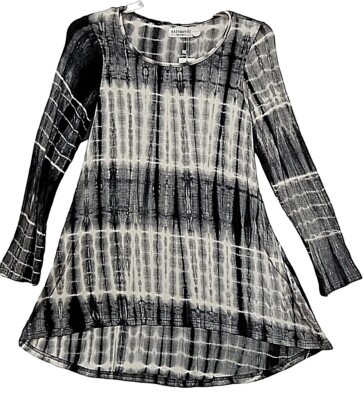 Kathmandu Women's Tunic Large Black White 3/4 Sleeve Tie Dye High Low Hem New