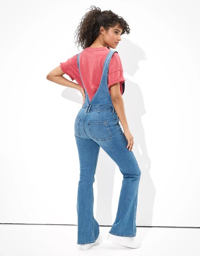 American Eagle Jeans Denim Flare Overalls Super Stretch V Sz 10 Long 31" Inseam - Picture 2 of 11