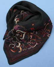 Anne Klein Silk Scarf Hand Rolled Navy Blue Paisley Floral Scrolls Baroque Iris