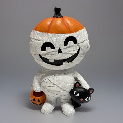 Cute Halloween Decor - Trick-or-Treating Pumpkin Head Mummy w/Black Cat 10" NWOT