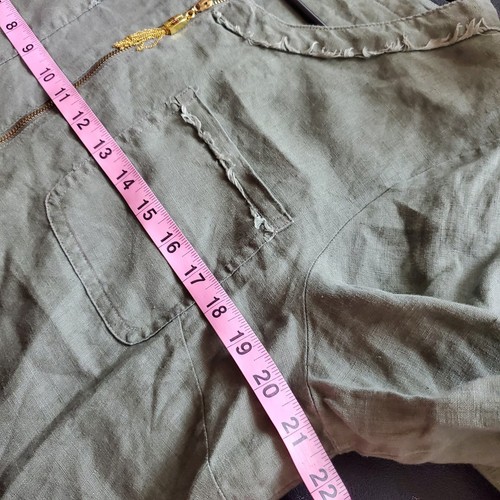 Ellen Tracy Linen Shirt L Olive Green 3/4 Sleeve Tunic Gold Zip Largenlook - Picture 6 of 7