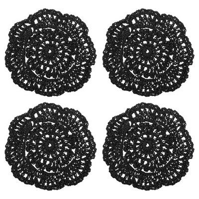 4Pcs Crochet Doilies 4'' Cotton Woven Round Fabric Coasters Black