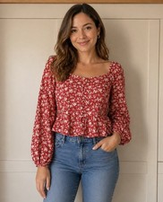 Primark Red Peplum Crop Top With White Flower Pattern & Button Detail Size 12
