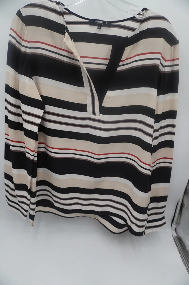 Lafayette 148 NY 100% Silk V Neck Stripe Tunic Long Sleeve Multi Color Size M - Image 3 of 4