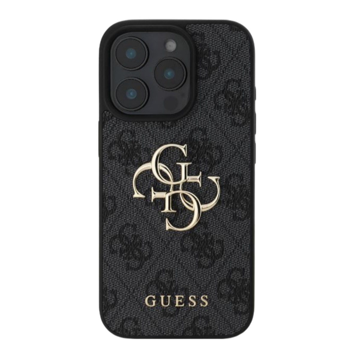 Coque iPhone 16 Pro Max Guess en gris foncé avec logo 4G en métal