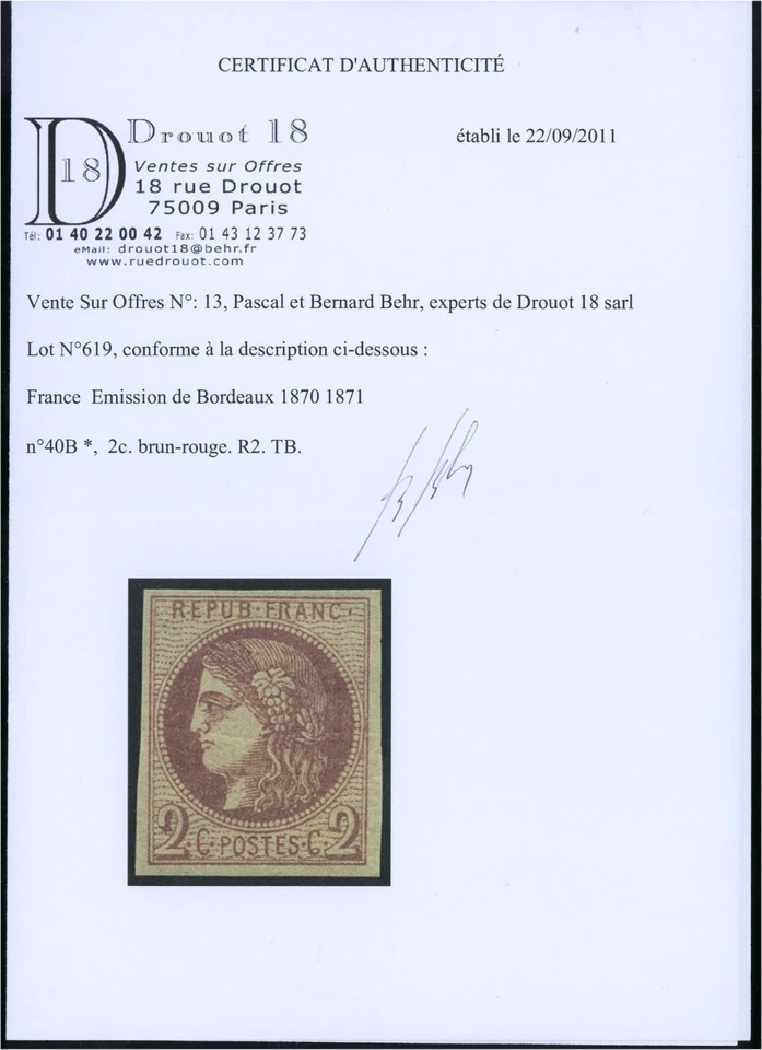 TB Cérès de Bordeaux 2c YT 40B neuf * pte variété certificat Behr - Photo 3/3